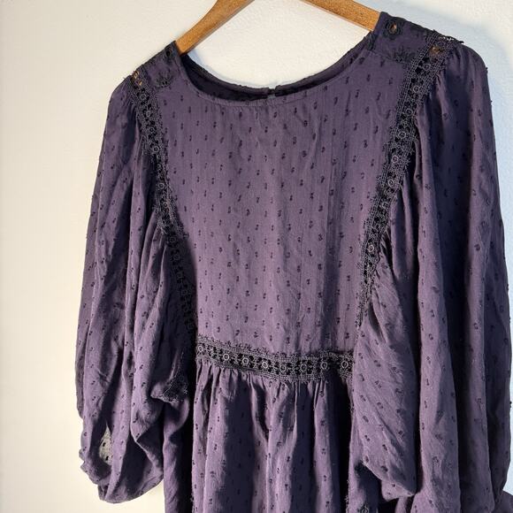Free People Purple Embroidered Boho Tunic Dress Womens Large Long Sleeve - Picture 4 of 11